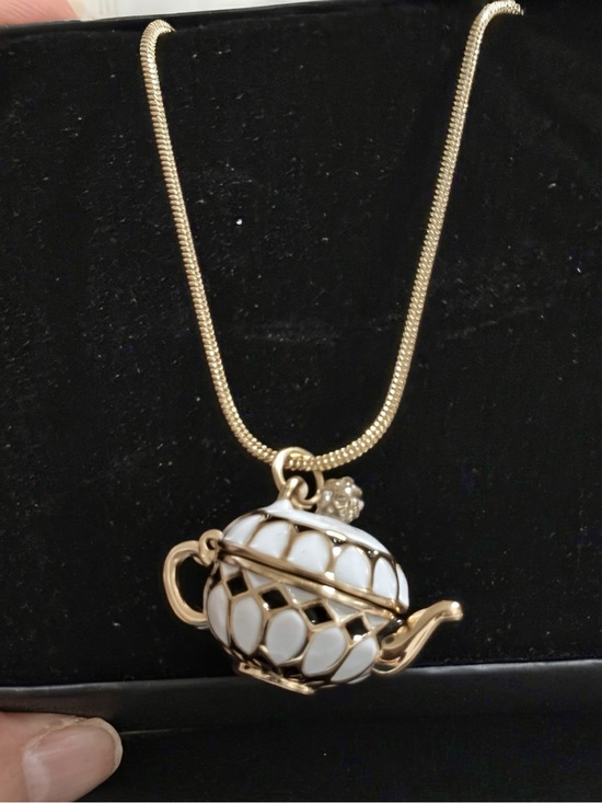 True To Form Jewelry - Gold and White Teapot Pendant Necklace 36” Adjustable Locket